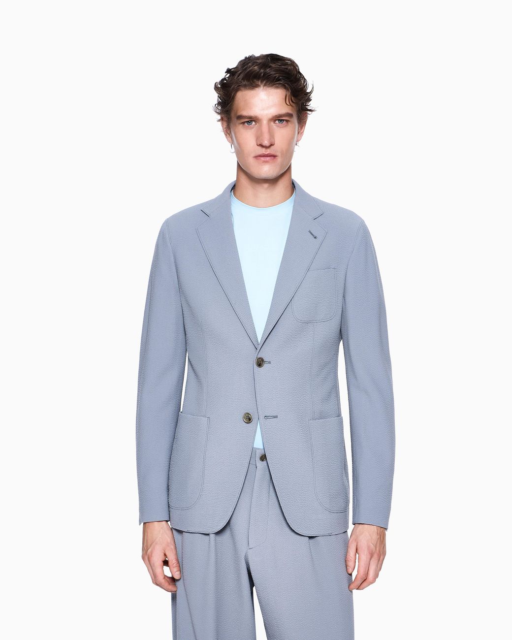 Giorgio Armani Blue Single-Breasted Virgin Wool Seersucker Jacket for men