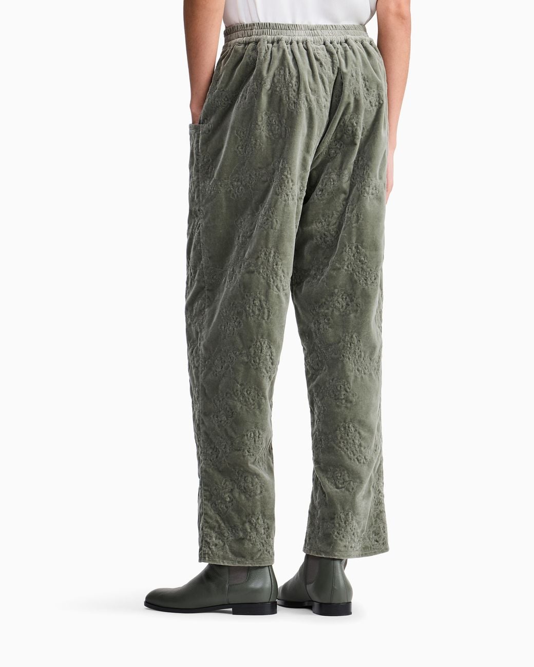 Giorgio Armani Green Lined Cotton Velvet Pants With Floral Embroidery