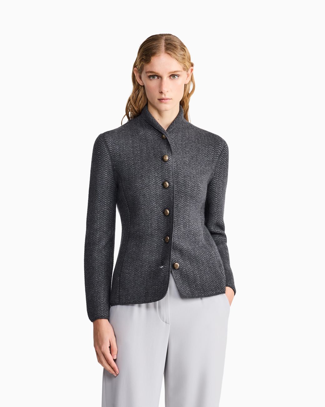 Giorgio Armani Gray Blazer Jackets Slim Herringbone Cashmere Knit Stand Collar