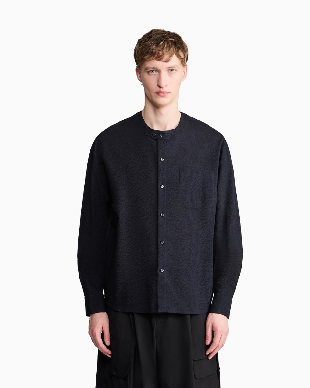 Giorgio Armani Black Cotton Seersucker Shirt for men