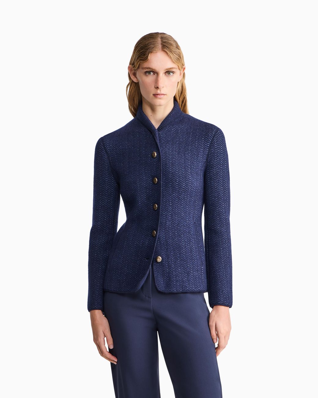 Giorgio Armani Blue Blazer Jackets Slim Herringbone Cashmere Knit Stand Collar