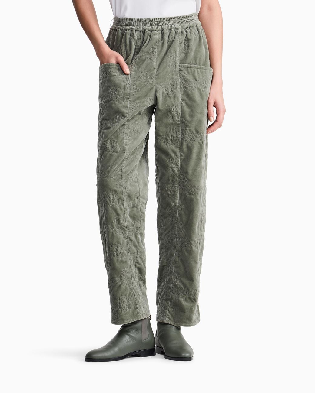 Giorgio Armani Green Lined Cotton Velvet Pants With Floral Embroidery