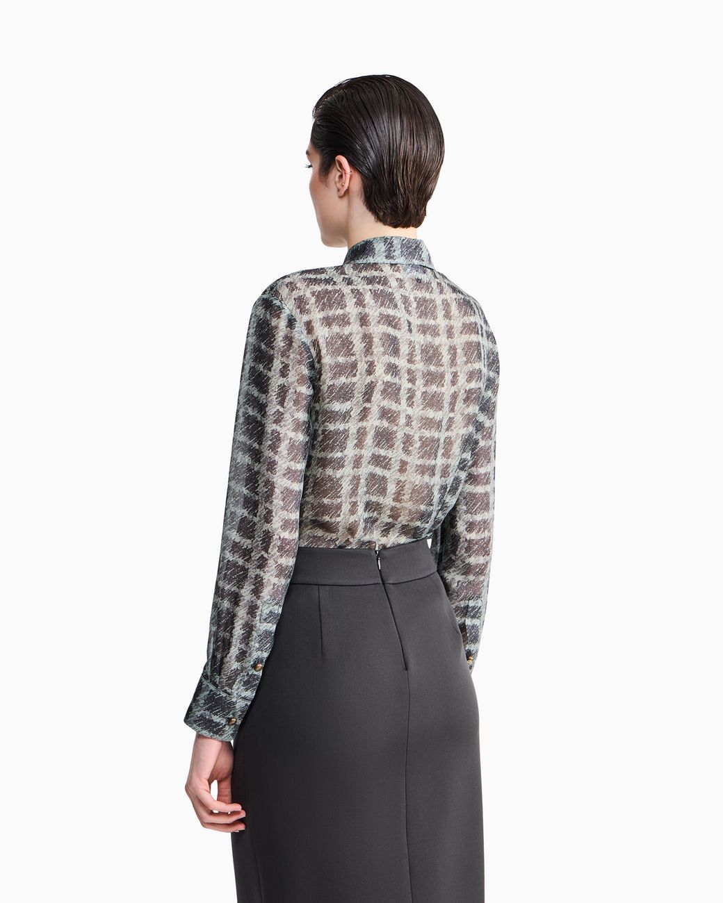 Giorgio Armani Blue Shirt Regular Fit Check Silk Chiffon With Patch Pockets