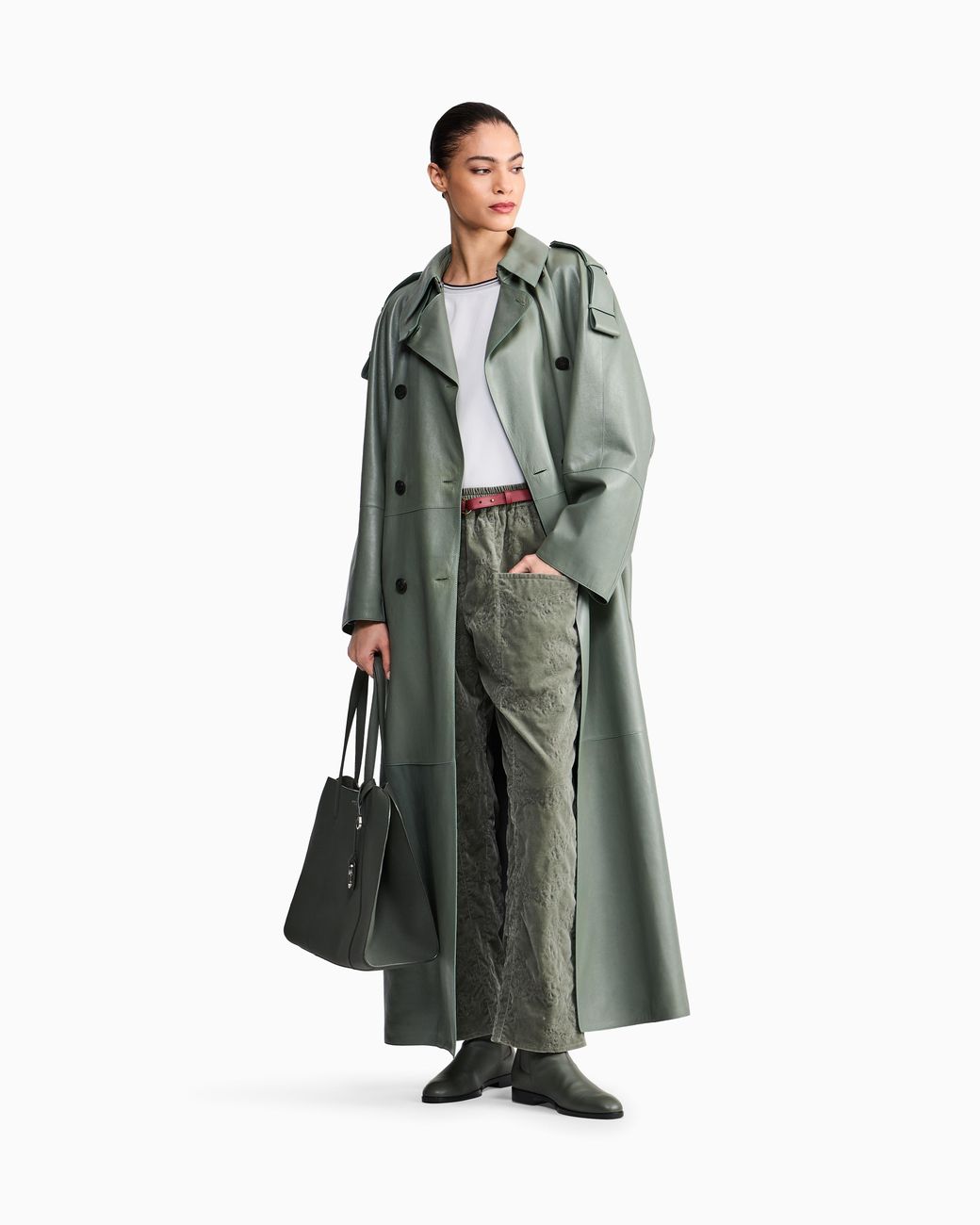 Giorgio Armani Green Lined Cotton Velvet Pants With Floral Embroidery