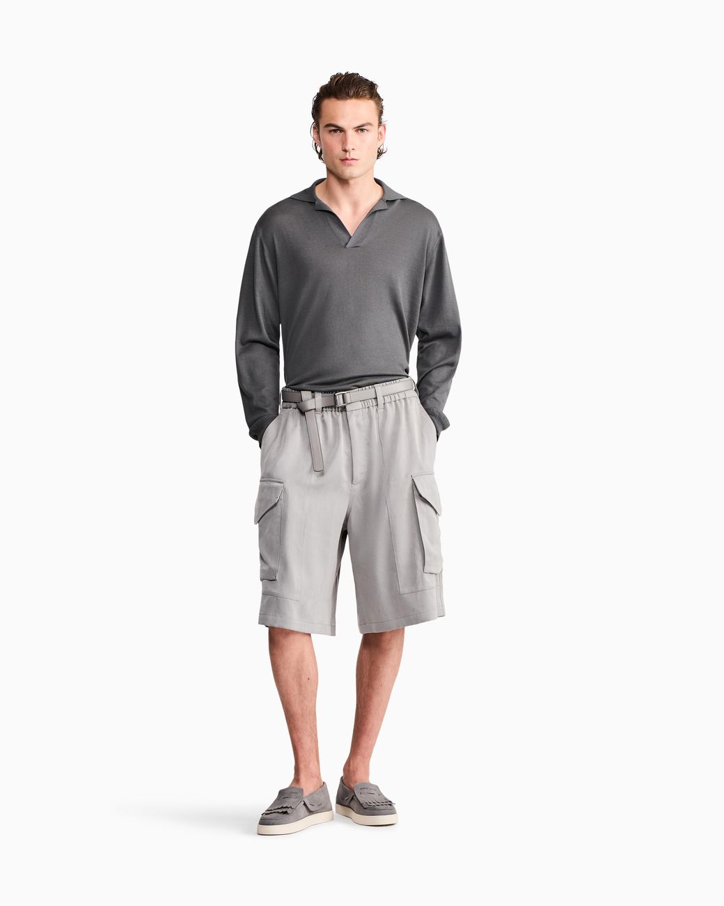 Giorgio Armani Gray Sweater Regular Fit Plain Knit Silk And Cotton Blend for men