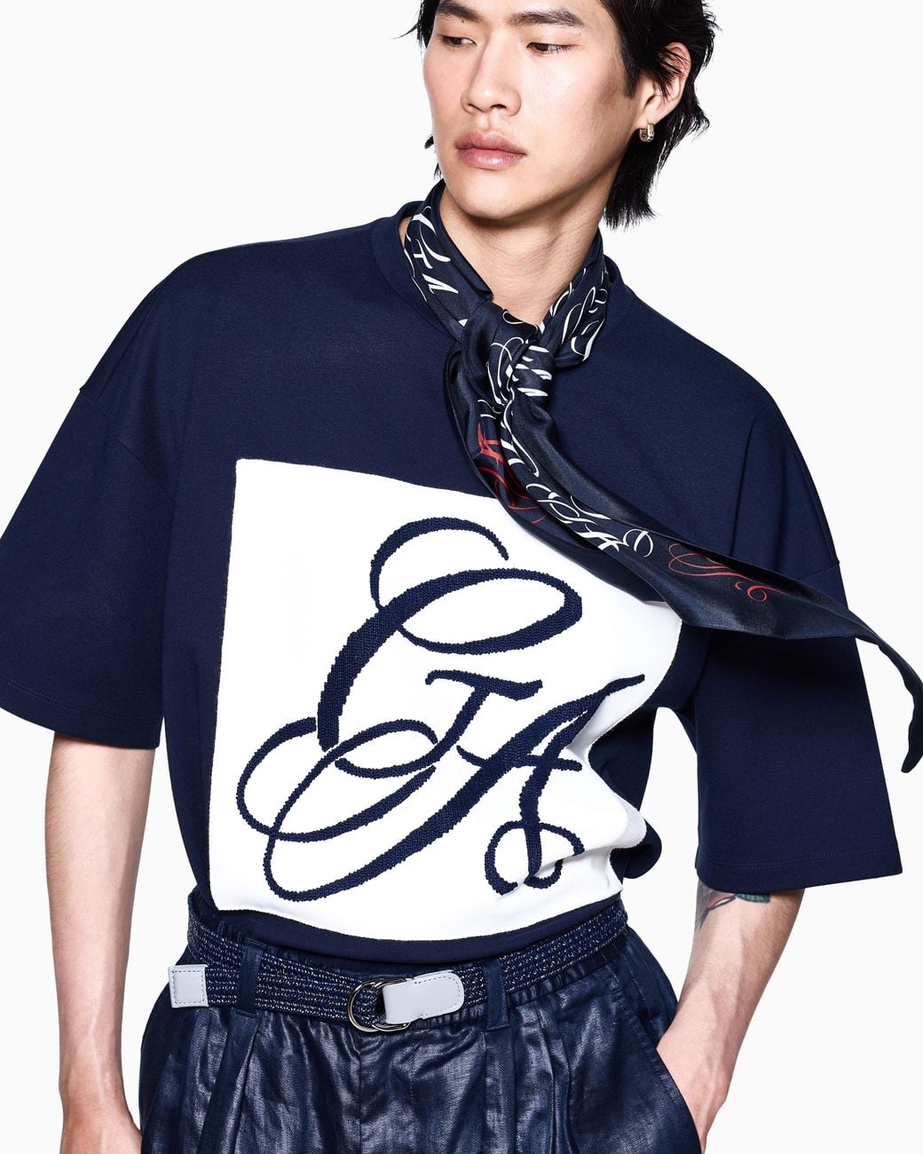 Giorgio Armani Blue Jersey T-Shirt With Oversized Ga Logo for men