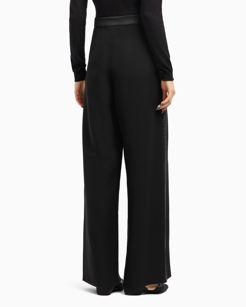 Giorgio Armani Black Wide-Leg Silk Trousers With Rhinestone Details