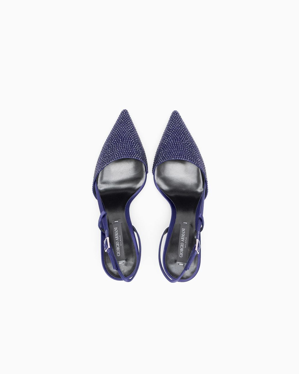 Giorgio Armani Blue Pointed Satin Slingback Pumps With Rhinestones