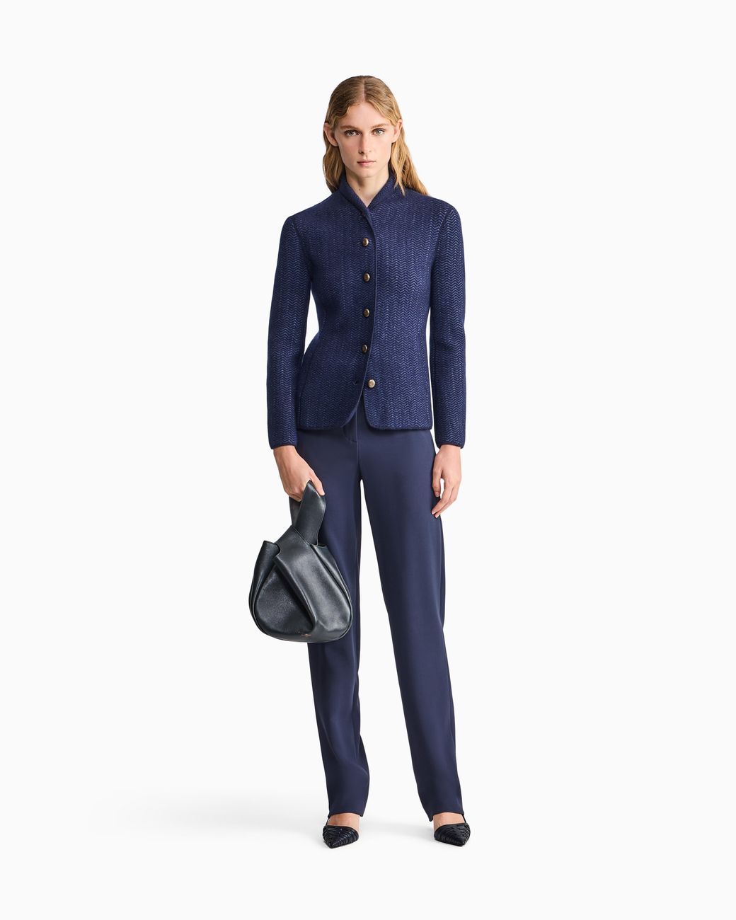 Giorgio Armani Blue Blazer Jackets Slim Herringbone Cashmere Knit Stand Collar