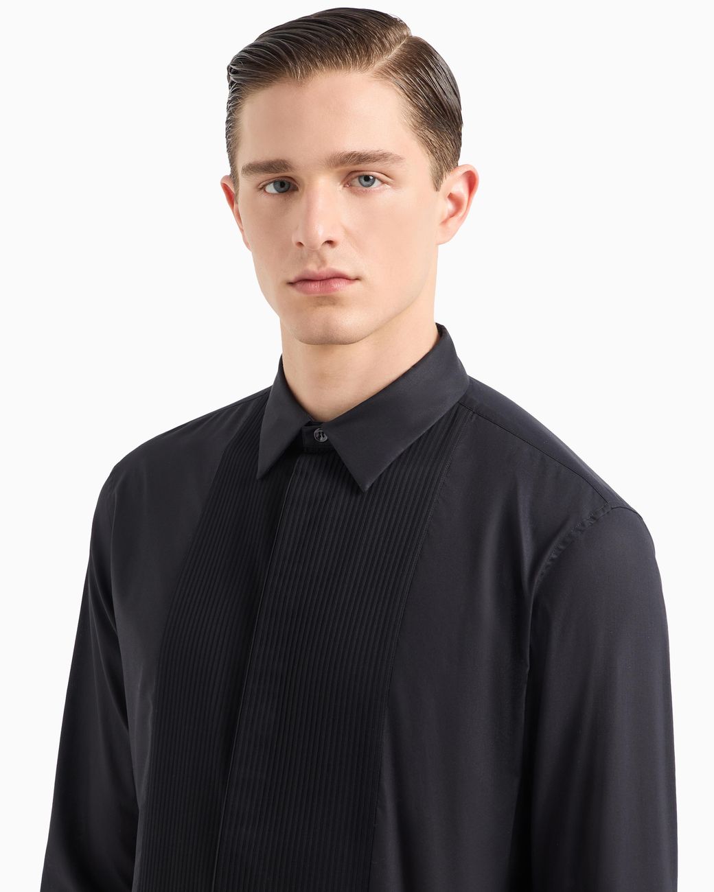 Giorgio Armani Blue Cotton Tuxedo Shirt With Pleated Detail for men