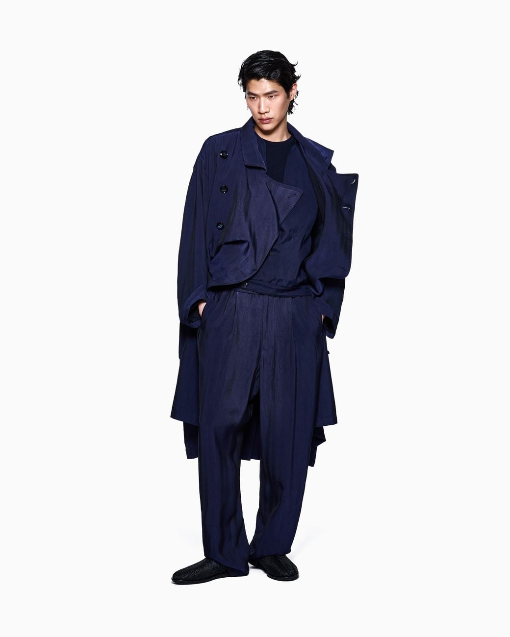Giorgio Armani Blue Viscose Trench Coat With A Chevron Motif for men