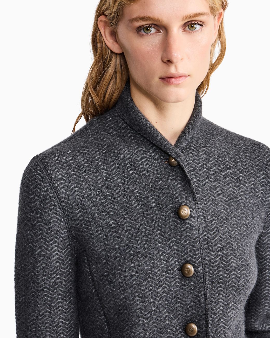 Giorgio Armani Gray Blazer Jackets Slim Herringbone Cashmere Knit Stand Collar
