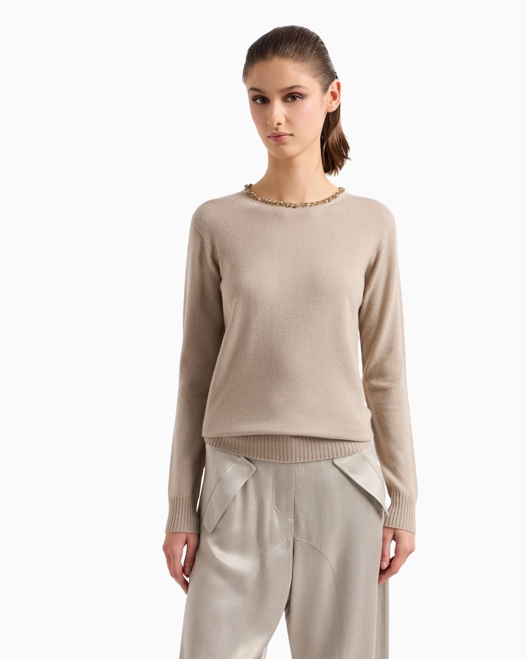 Giorgio Armani Natural Cashmere Crew-Neck Jumper With Embroidery
