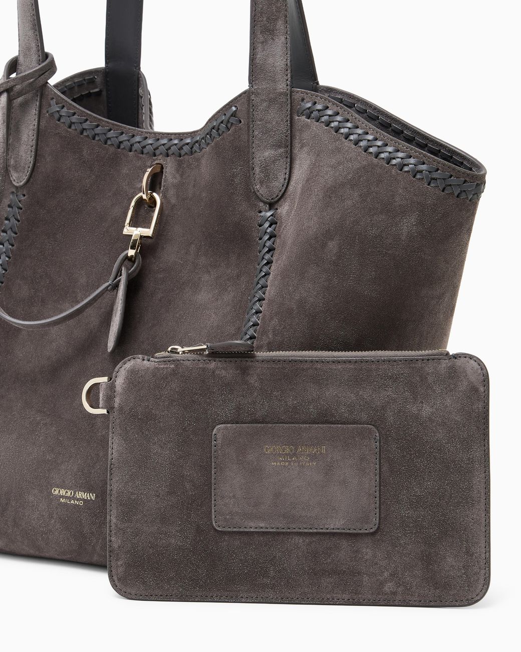 Giorgio Armani Gray Medium Suede Handbag With Threading