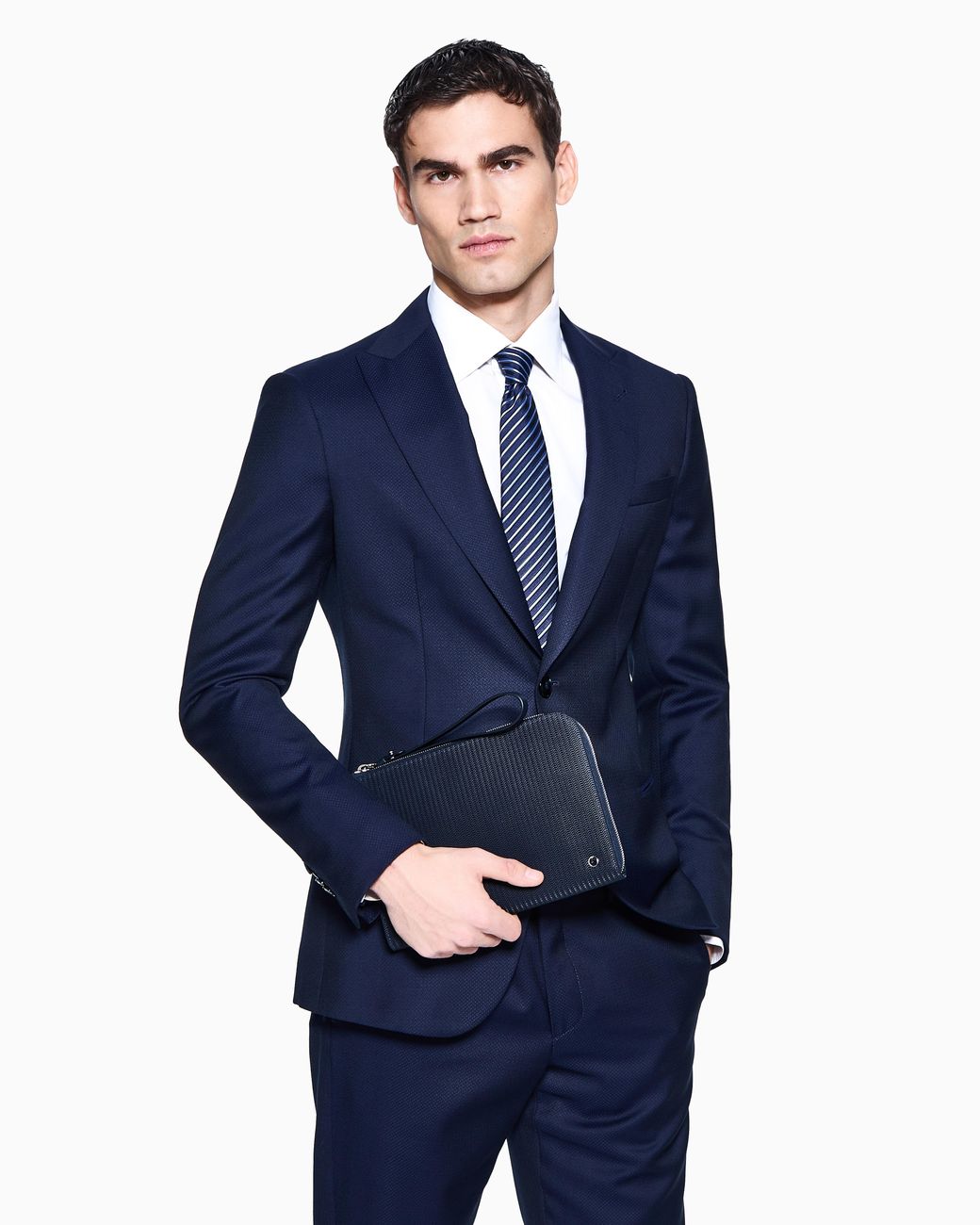 Giorgio Armani Blue Leather Pouch With Wave Print And Wrist Strap for men