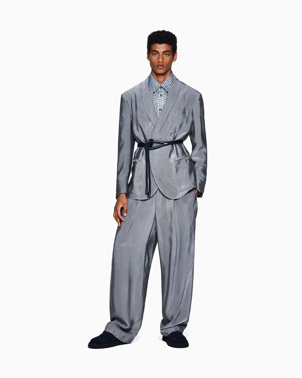 Giorgio Armani Blue Viscose And Silk Oversized Shirt With Weave Print for men