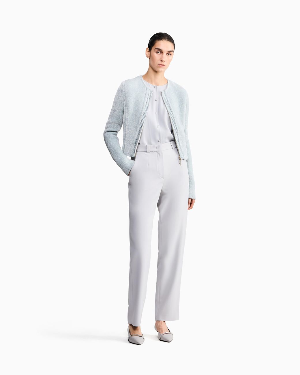 Giorgio Armani Blue Blouse Triple Silk Georgette Collarless With Pleats