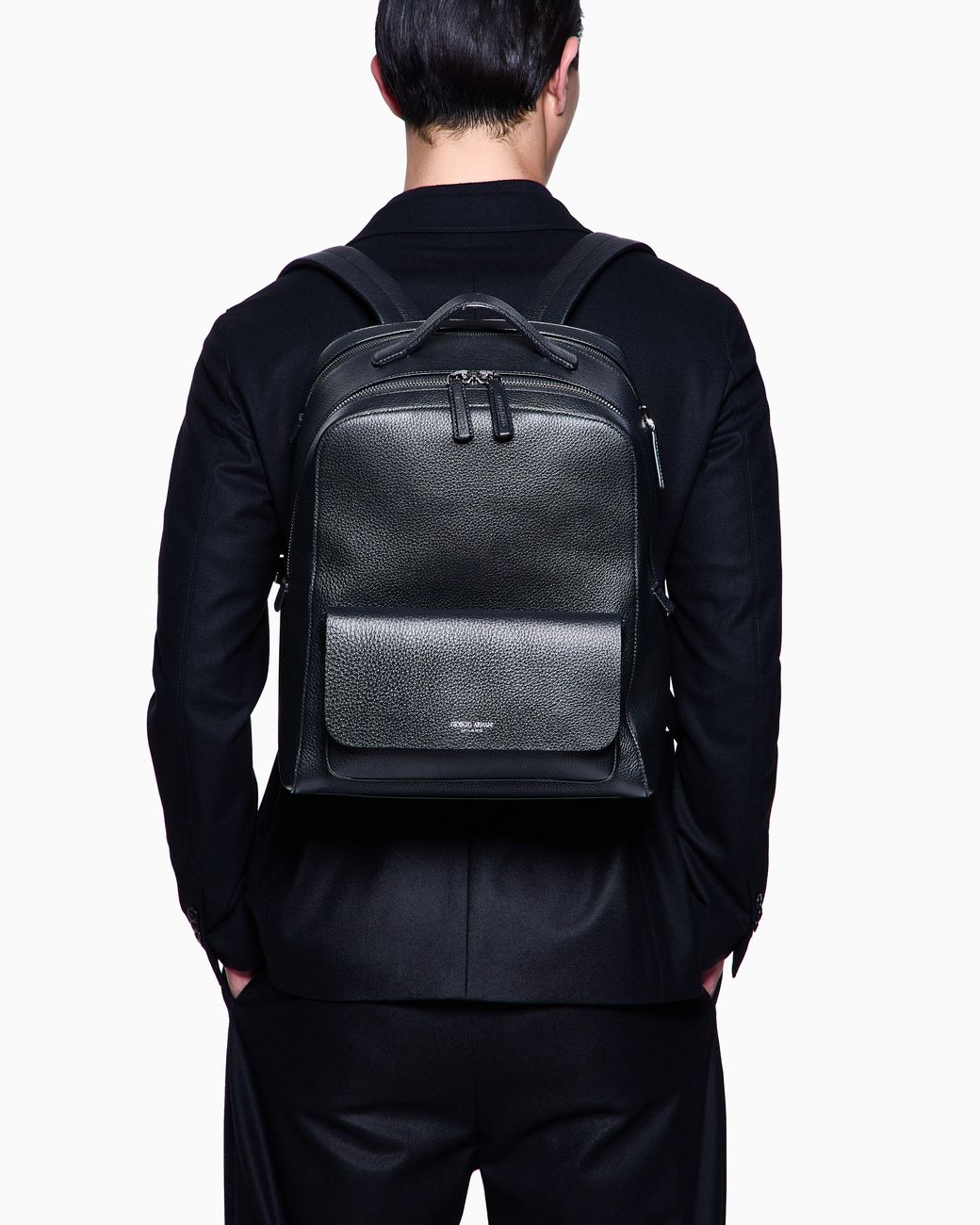Giorgio Armani Black Round Leather Backpack for men