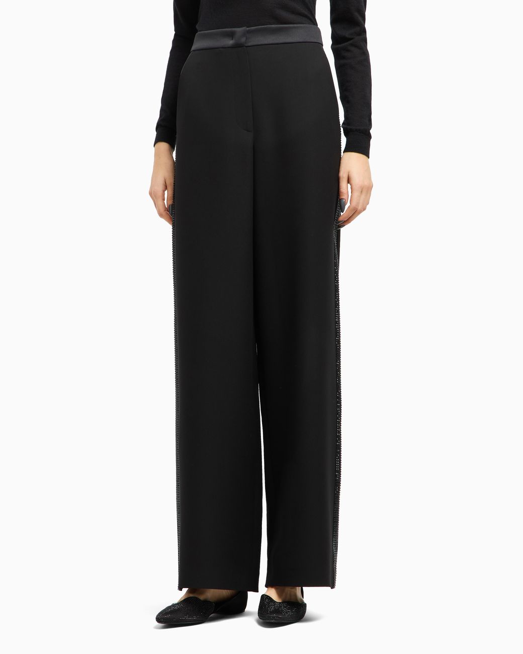 Giorgio Armani Black Wide-Leg Silk Trousers With Rhinestone Details