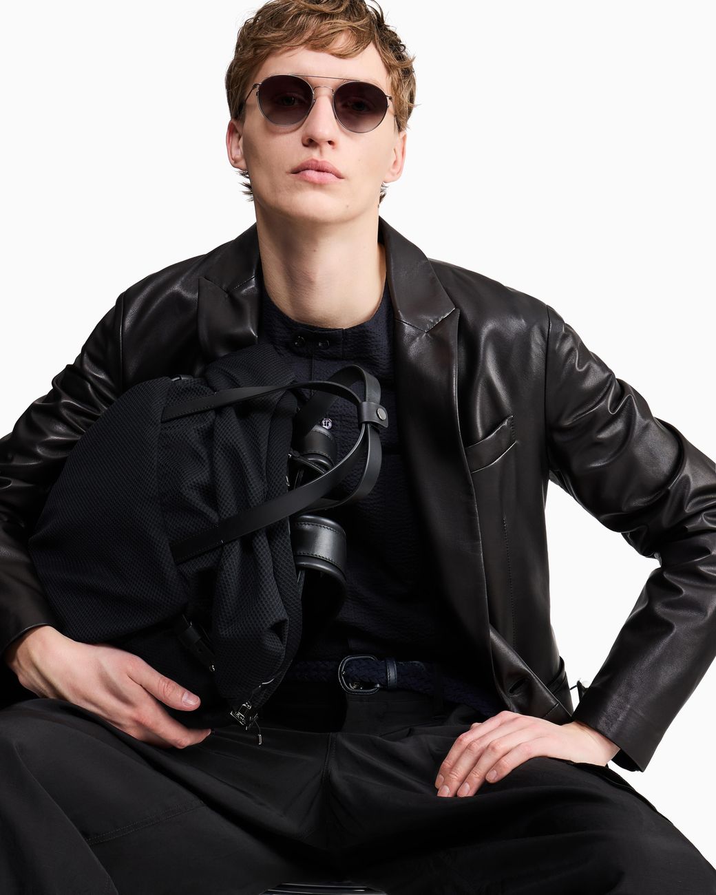 Giorgio Armani Black Cotton Seersucker Shirt for men