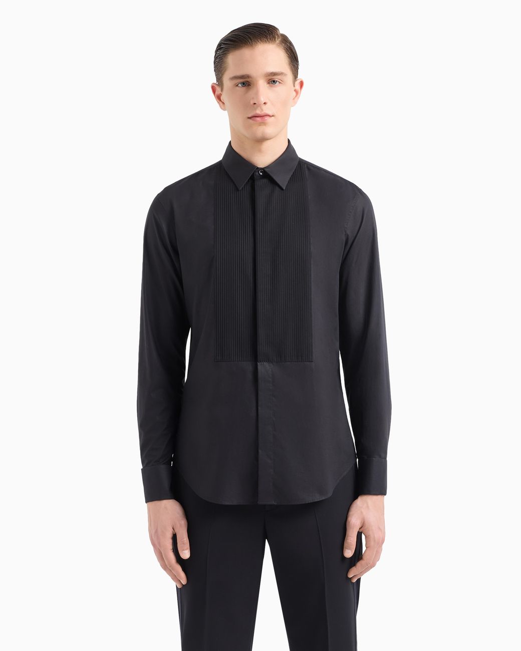 Giorgio Armani Blue Cotton Tuxedo Shirt With Pleated Detail for men