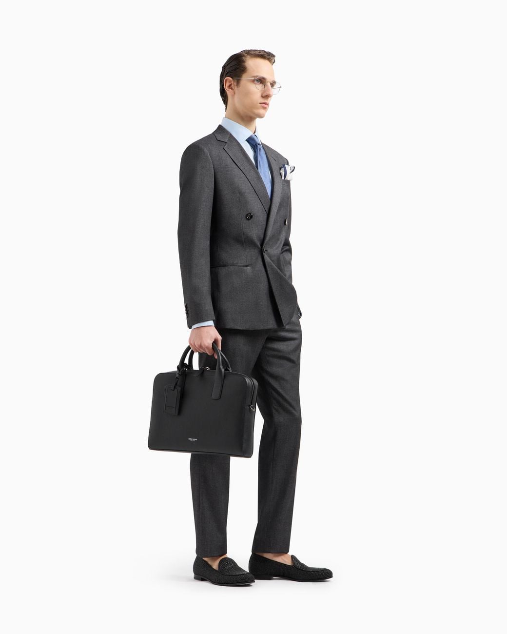 Giorgio Armani Black Soho Line Double-Breasted Denim-Effect Cashmere And Stretch Cotton Suit for men