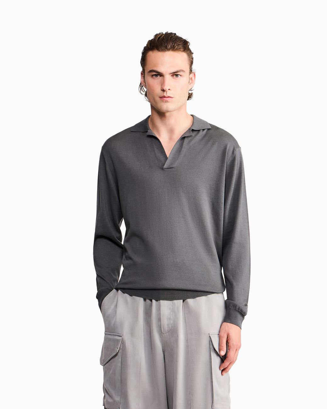 Giorgio Armani Gray Sweater Regular Fit Plain Knit Silk And Cotton Blend for men