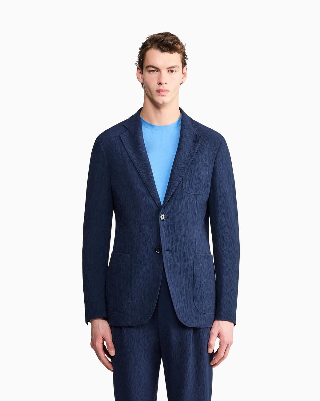 Giorgio Armani Blue Single-Breasted Virgin Wool Seersucker Jacket for men