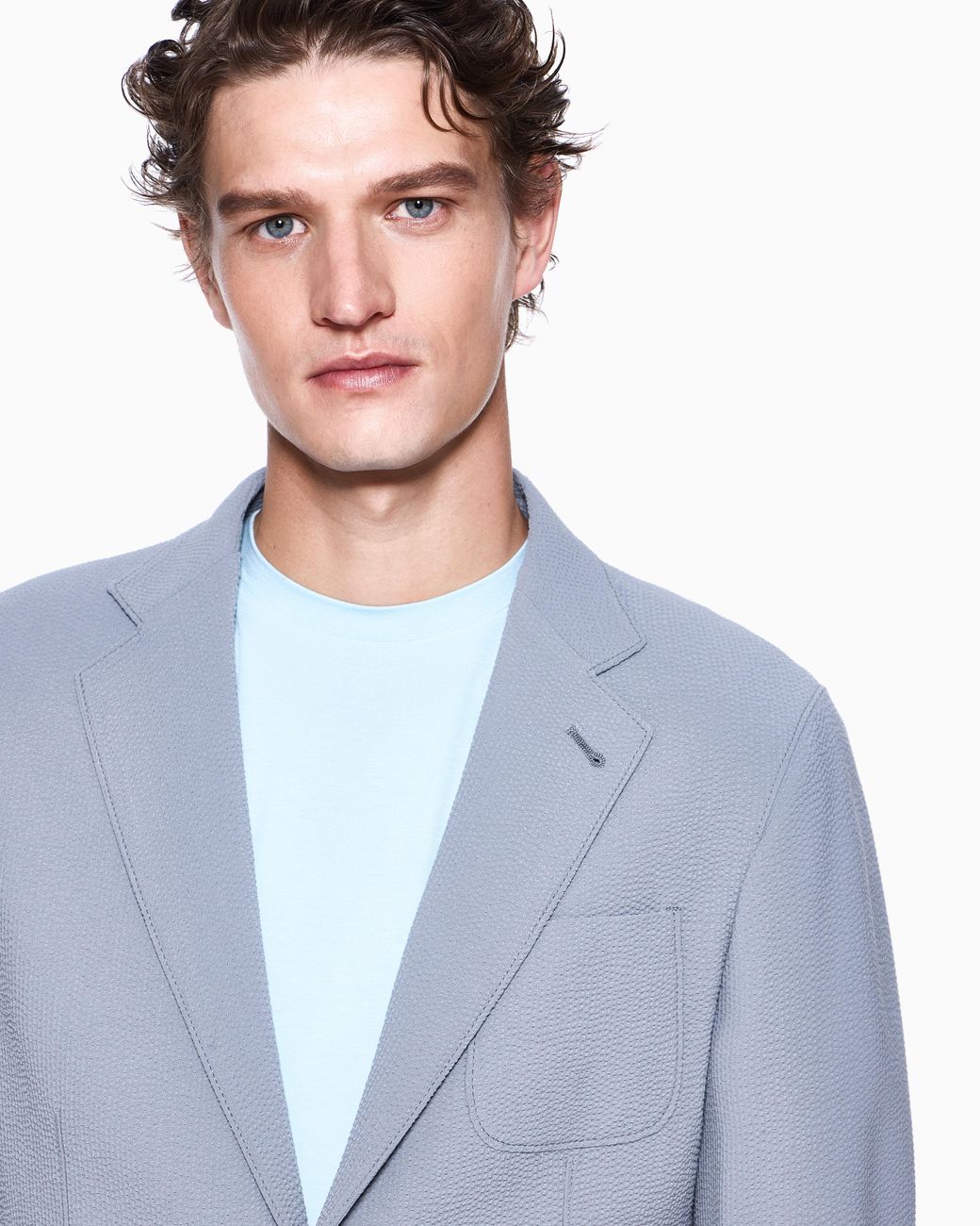 Giorgio Armani Blue Single-Breasted Virgin Wool Seersucker Jacket for men