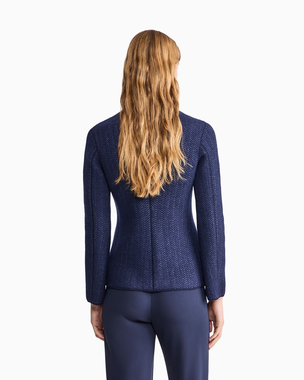Giorgio Armani Blue Blazer Jackets Slim Herringbone Cashmere Knit Stand Collar