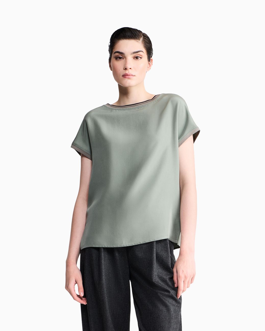 Giorgio Armani Green Blouse Regular Fit Heavy Washed Silk Ribbed Crew Neck