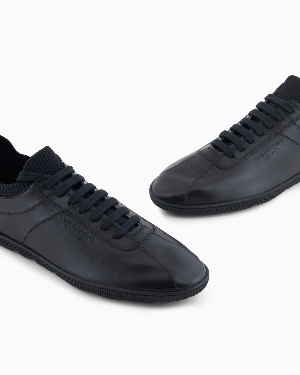 Giorgio Armani Blue Leather Sneaker With Knit Detail And Foldable Upper for men