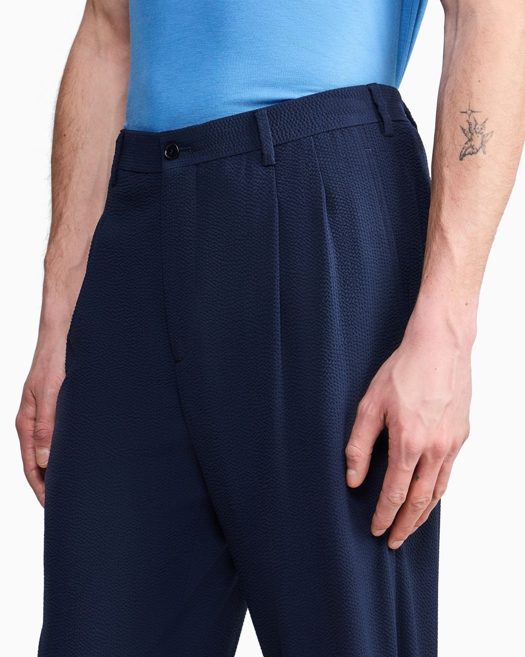 Giorgio Armani Blue Wool Seersucker Double-Pleat Trousers for men