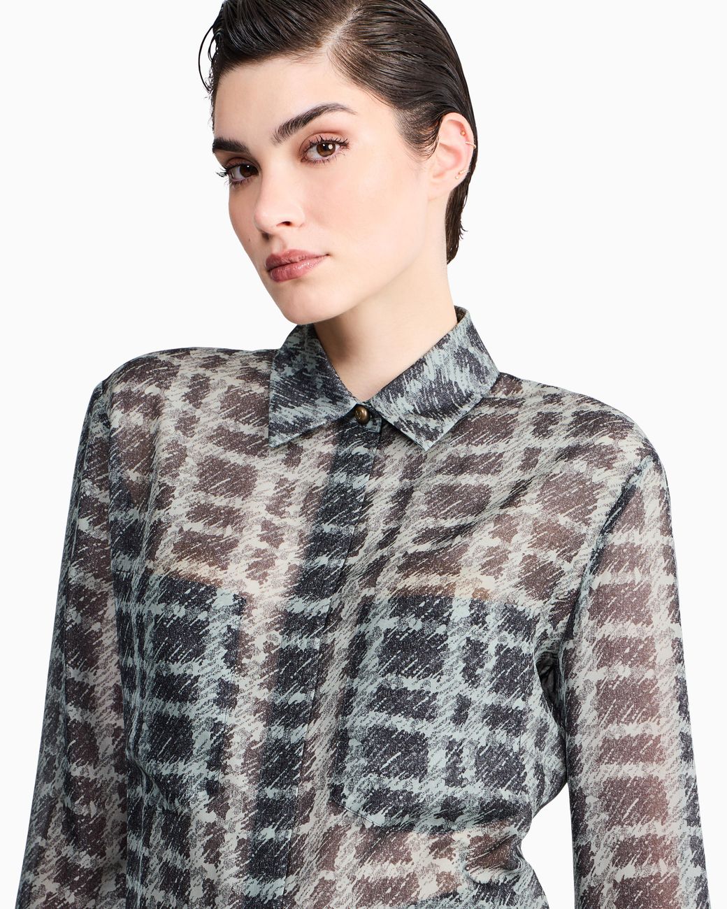 Giorgio Armani Blue Shirt Regular Fit Check Silk Chiffon With Patch Pockets