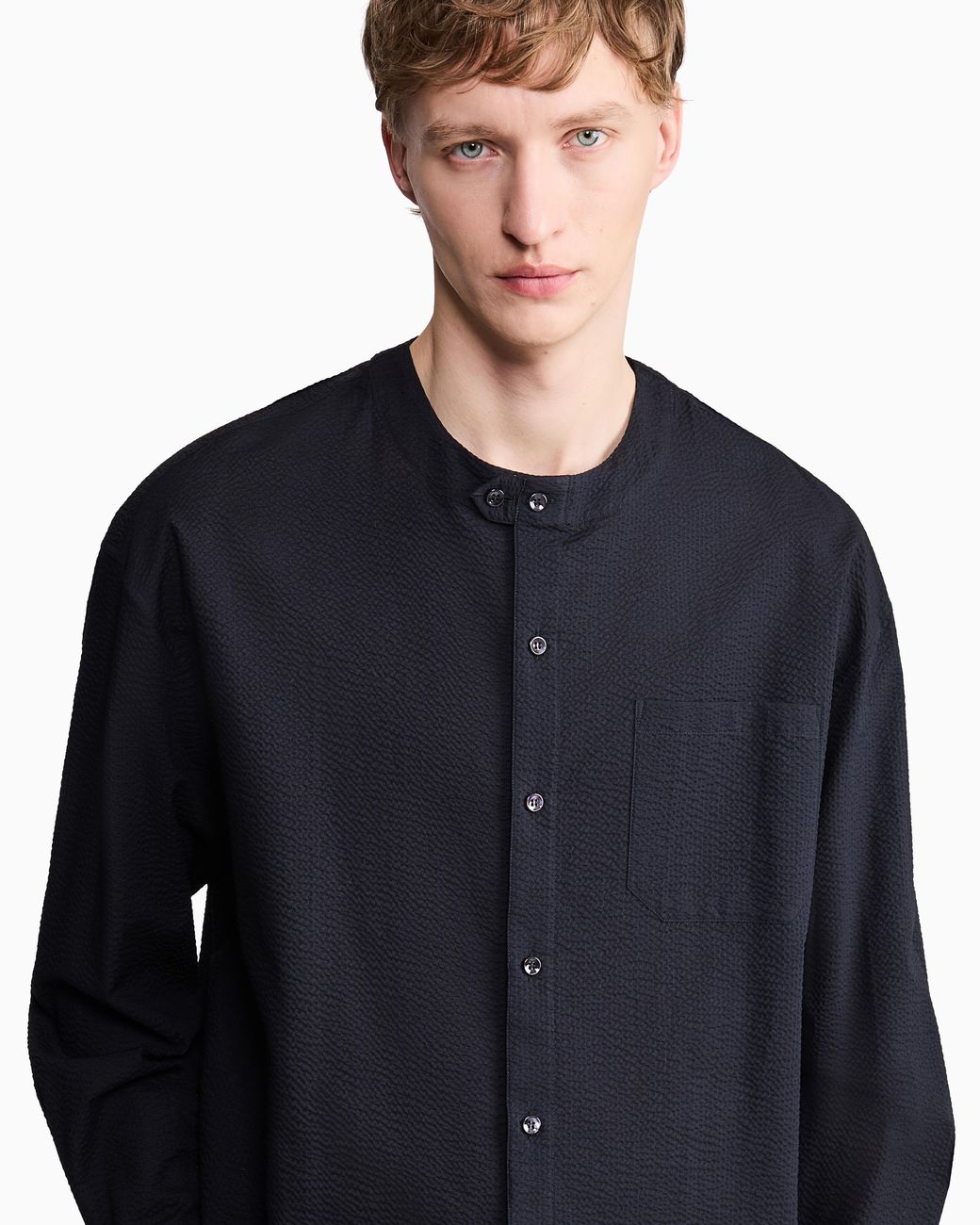 Giorgio Armani Black Cotton Seersucker Shirt for men