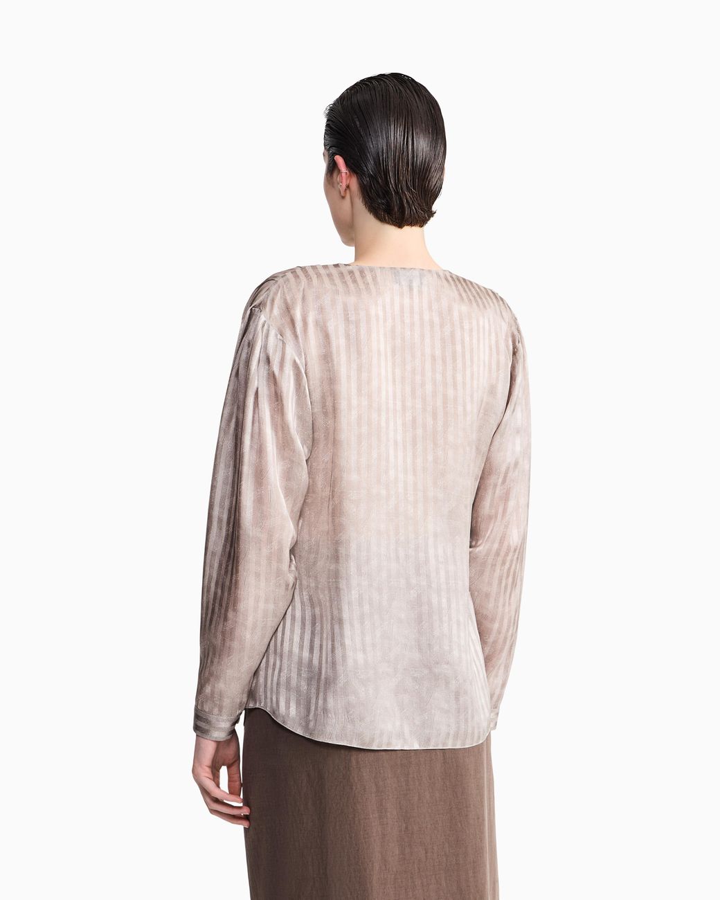 Giorgio Armani Pink Blouse Collarless Printed Silk Shoulder Pleats Wide Stripes