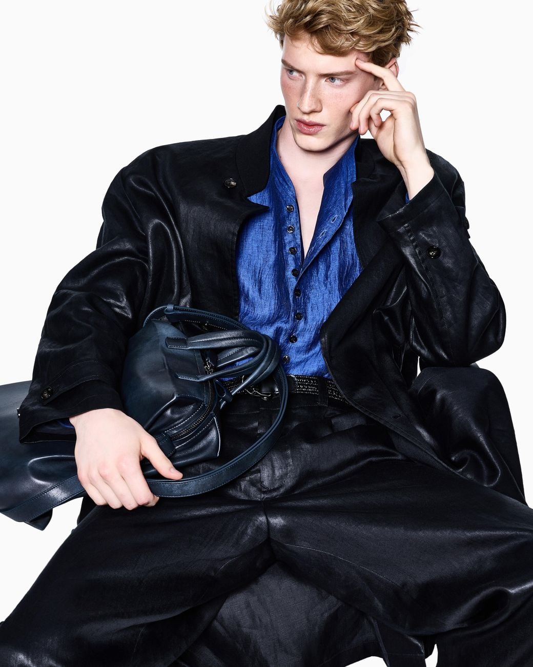 Giorgio Armani Blue Single-Pleat, Linen-Canvas Trousers for men