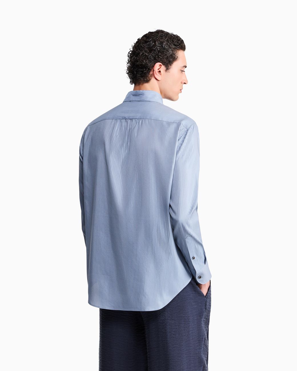 Giorgio Armani Blue Striped Cotton And Silk Shirt With Chest Pocket for men