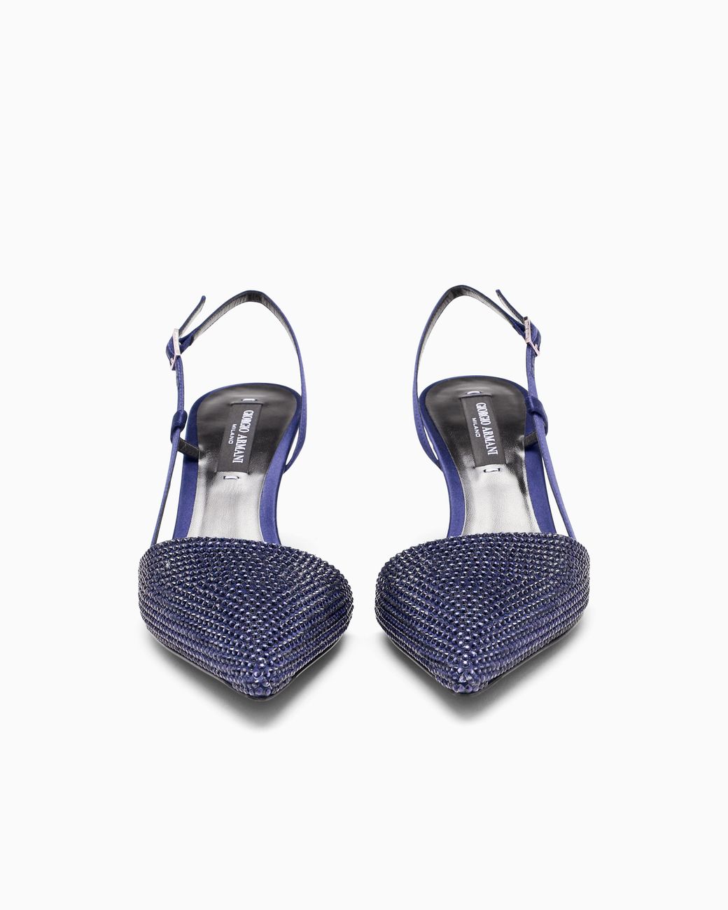 Giorgio Armani Blue Pointed Satin Slingback Pumps With Rhinestones