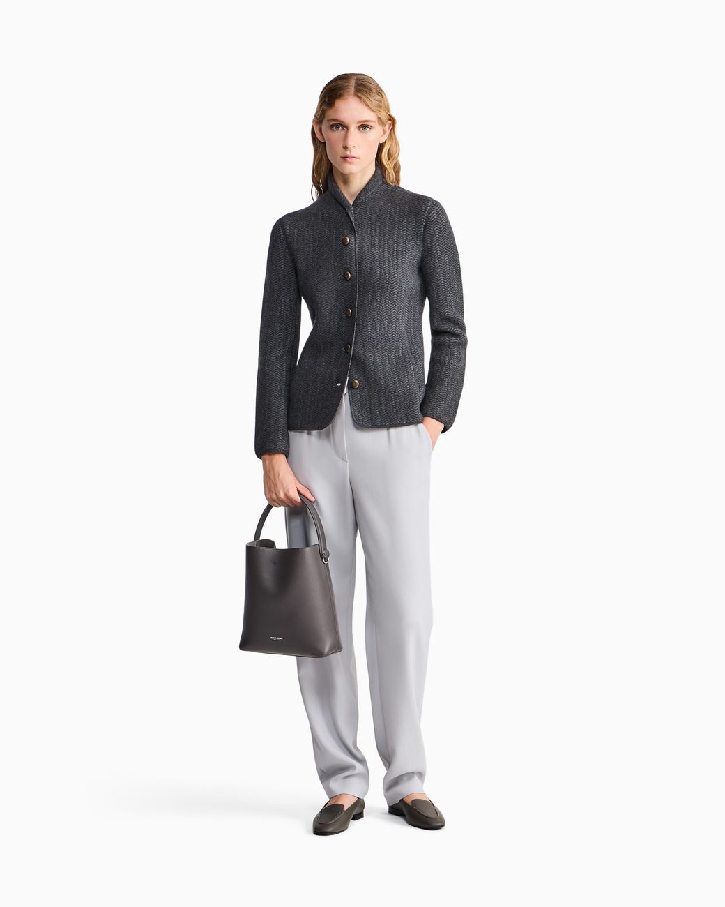 Giorgio Armani Gray Blazer Jackets Slim Herringbone Cashmere Knit Stand Collar