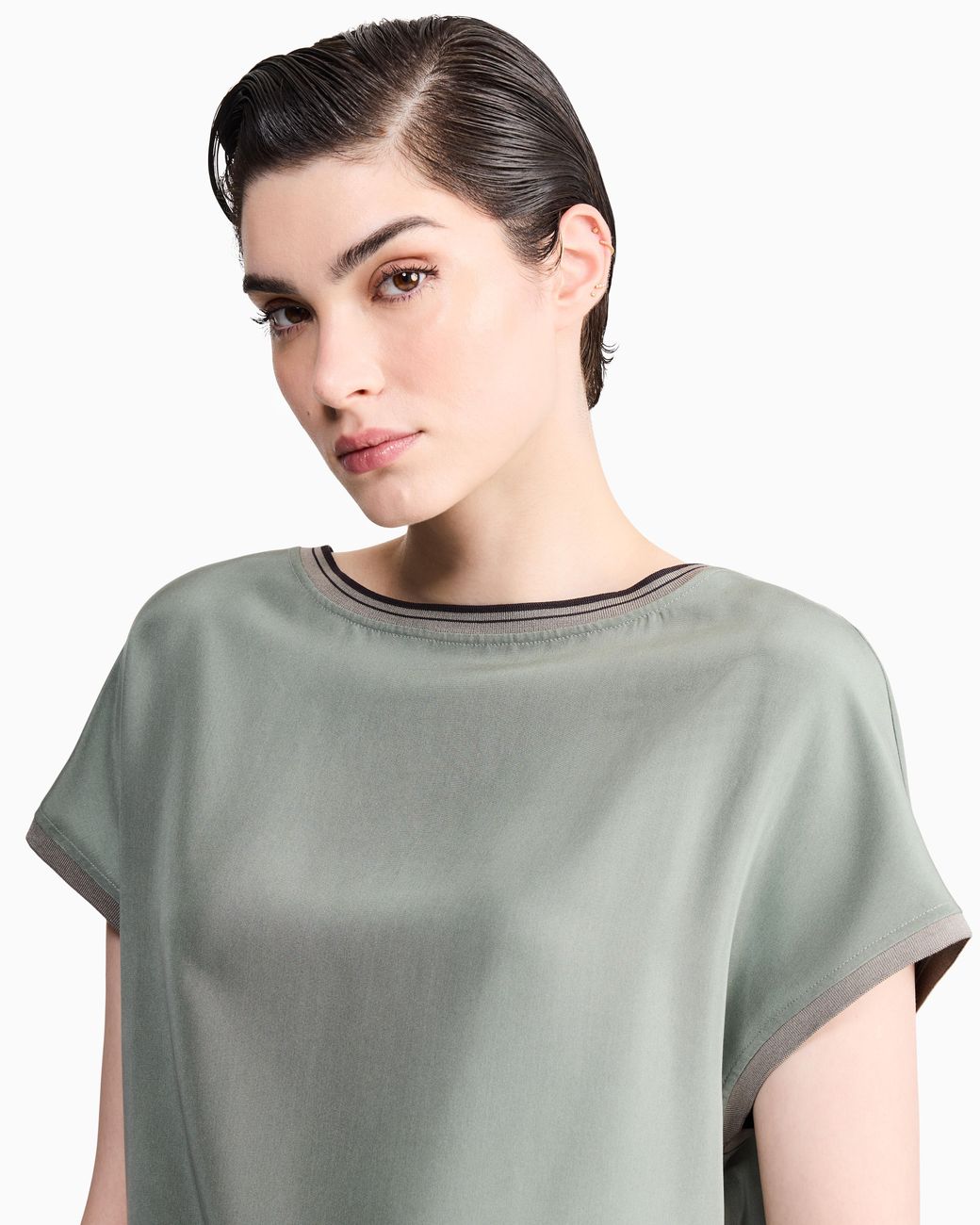 Giorgio Armani Green Blouse Regular Fit Heavy Washed Silk Ribbed Crew Neck