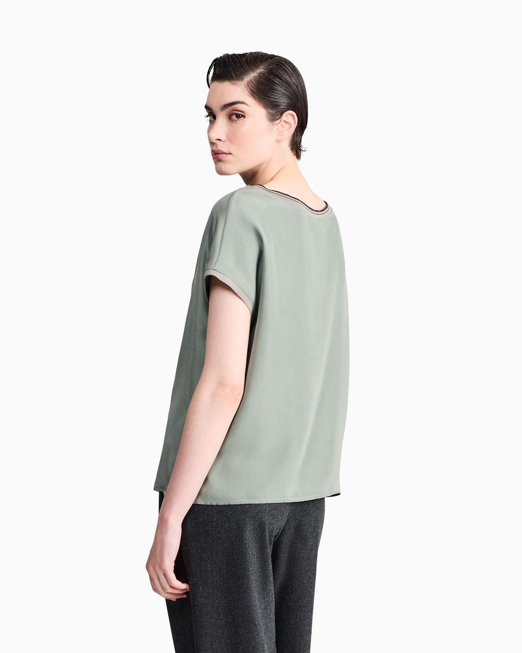 Giorgio Armani Green Blouse Regular Fit Heavy Washed Silk Ribbed Crew Neck