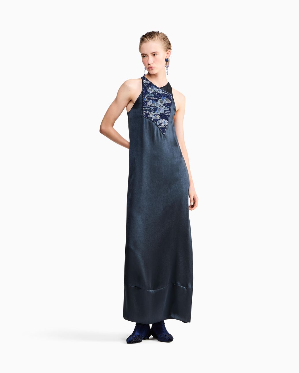 Giorgio Armani Blue Embroidered Dress Sleeveless Silk Gown With Sequined Panel