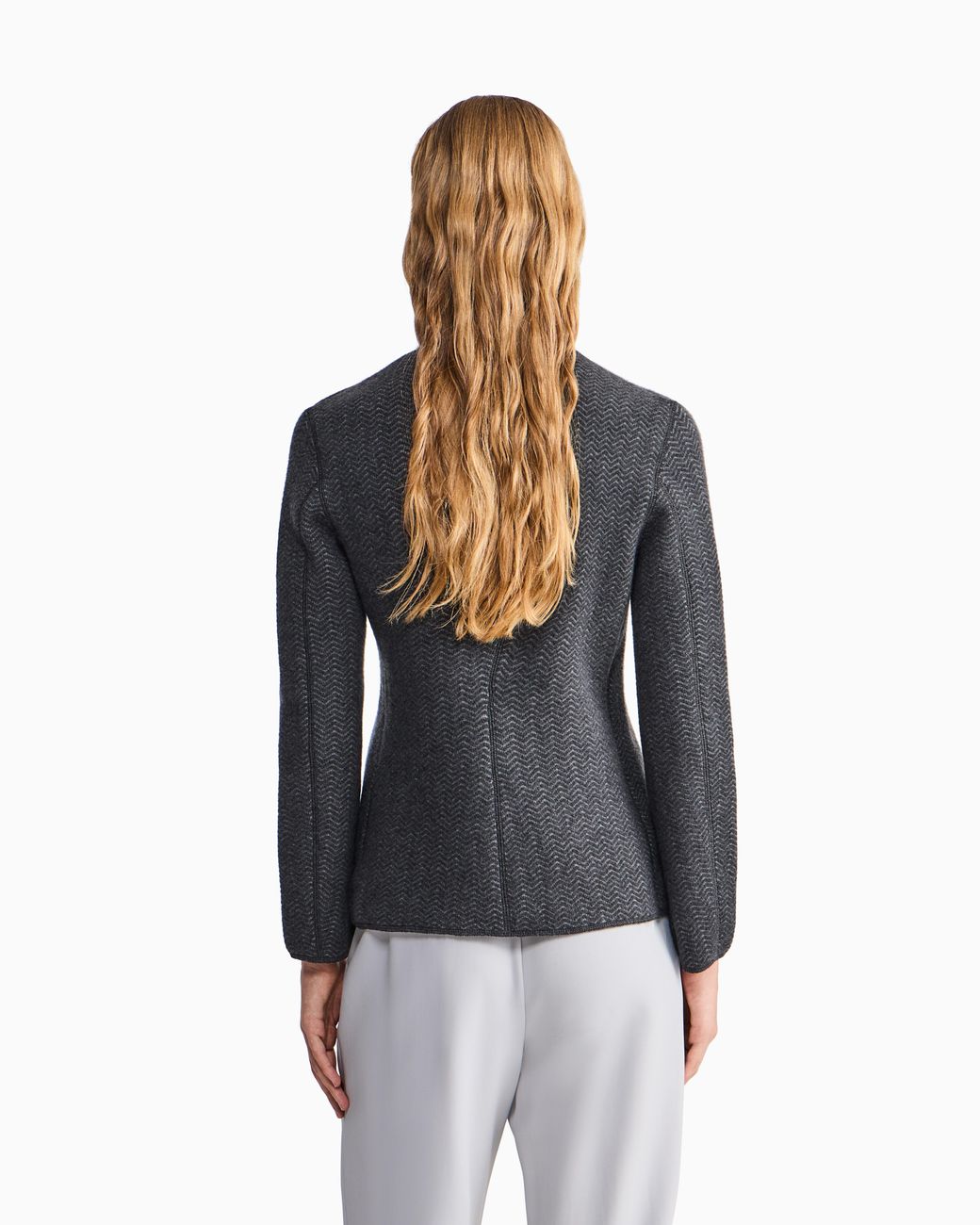Giorgio Armani Gray Blazer Jackets Slim Herringbone Cashmere Knit Stand Collar