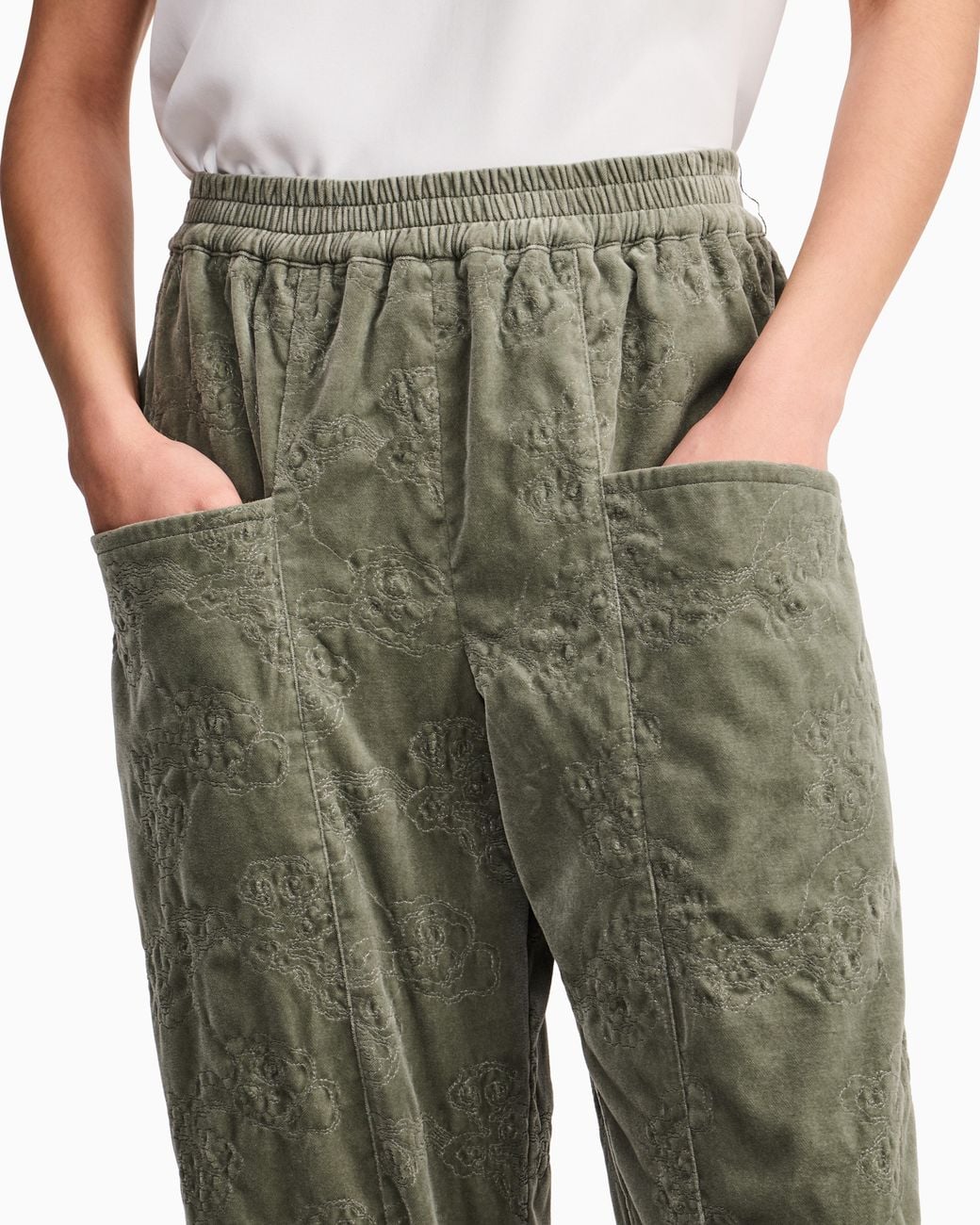 Giorgio Armani Green Lined Cotton Velvet Pants With Floral Embroidery