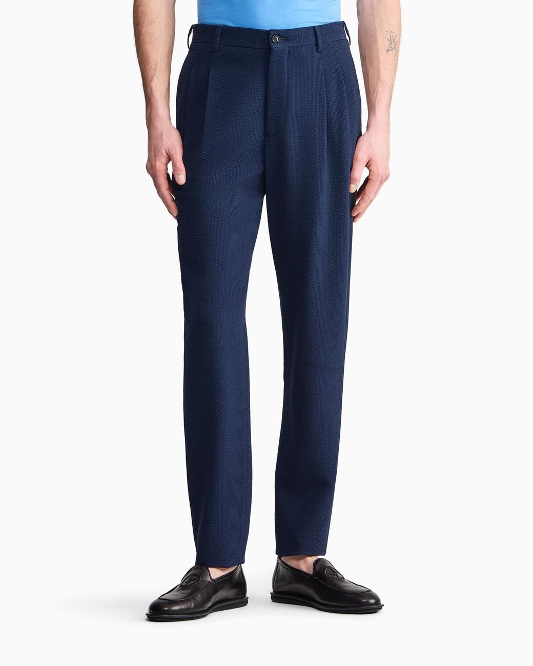 Giorgio Armani Blue Wool Seersucker Double-Pleat Trousers for men