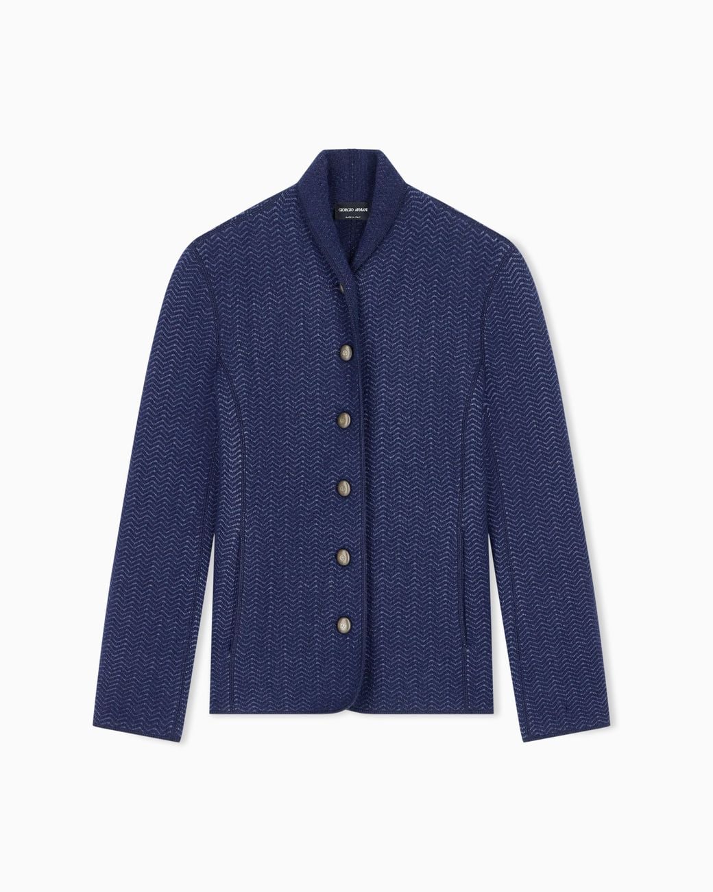 Giorgio Armani Blue Blazer Jackets Slim Herringbone Cashmere Knit Stand Collar