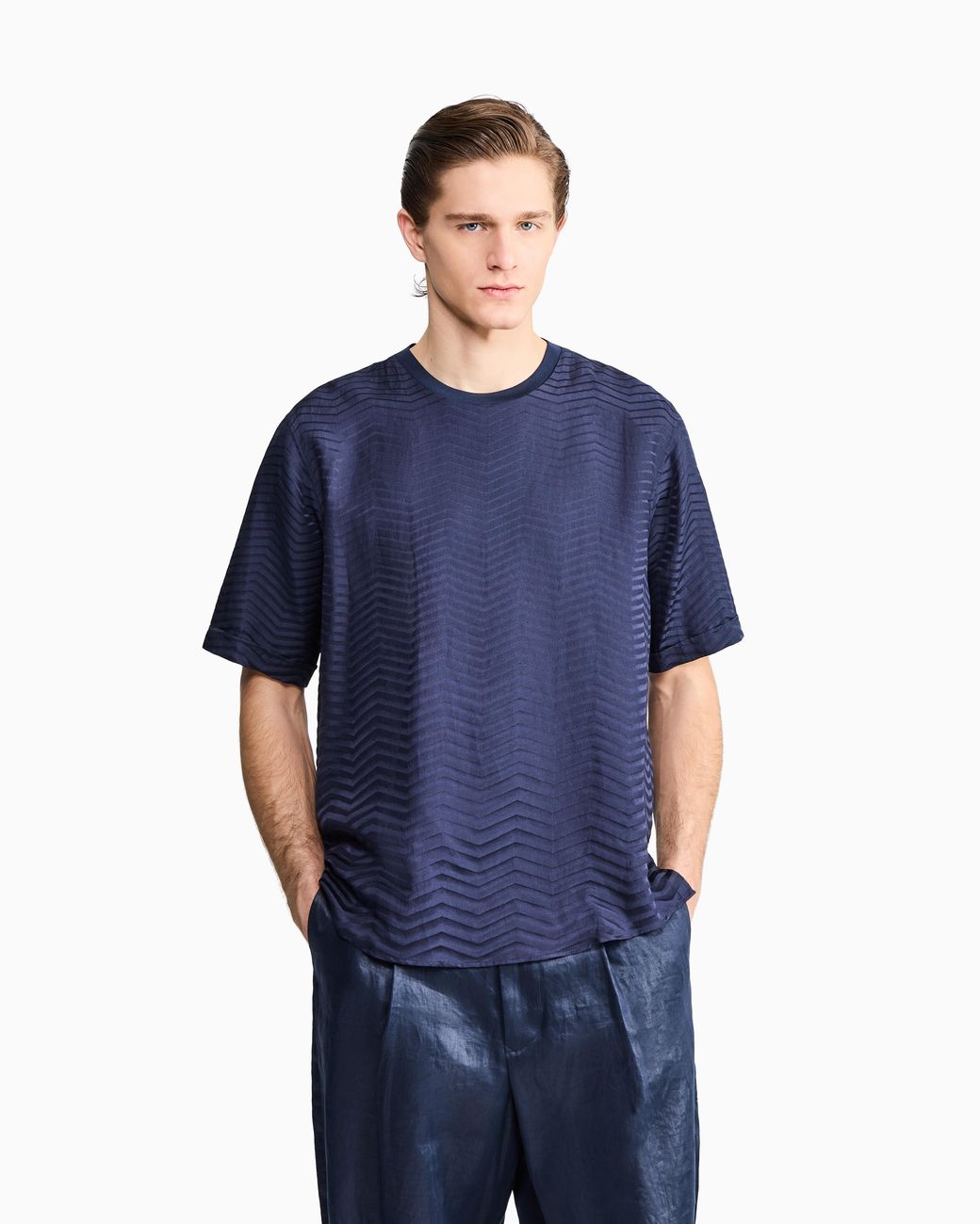 Giorgio Armani Blue Jacquard Viscose T-Shirt With Gradient Chevron for men