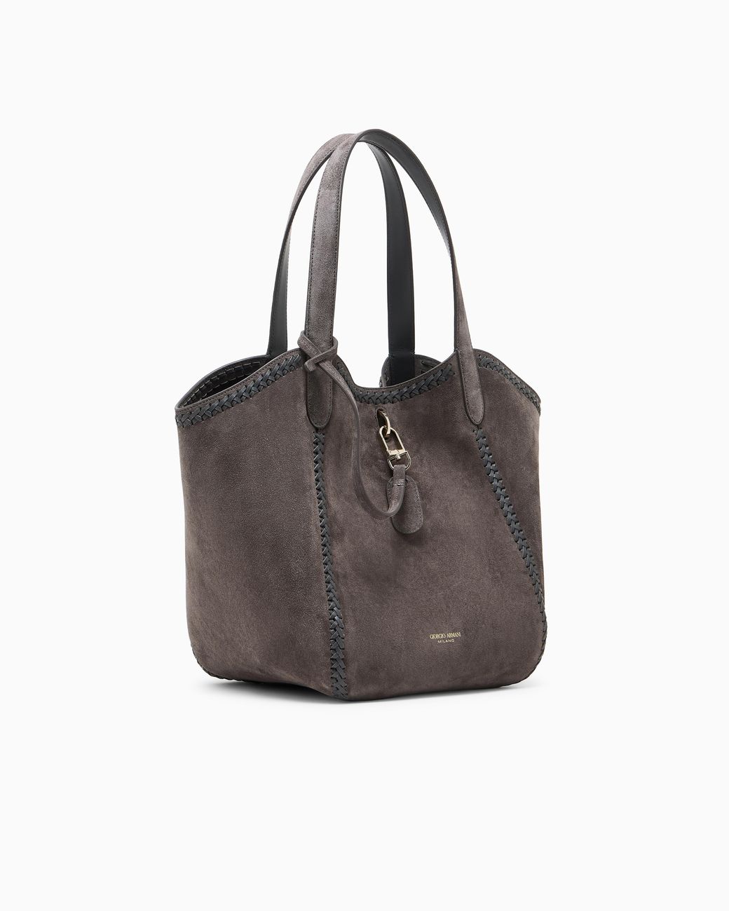 Giorgio Armani Gray Medium Suede Handbag With Threading