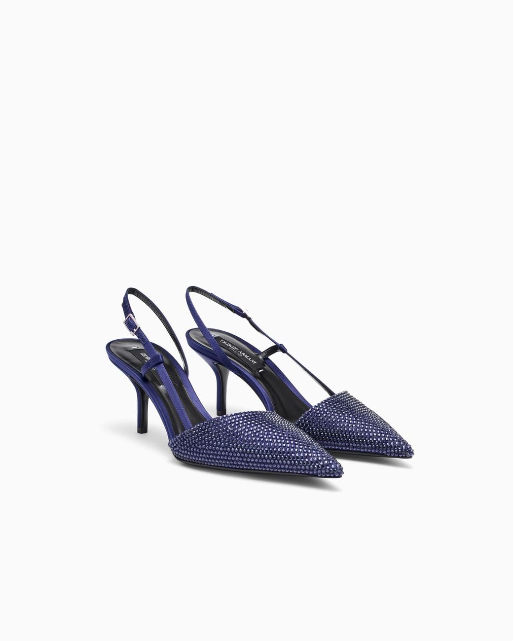 Giorgio Armani Blue Pointed Satin Slingback Pumps With Rhinestones